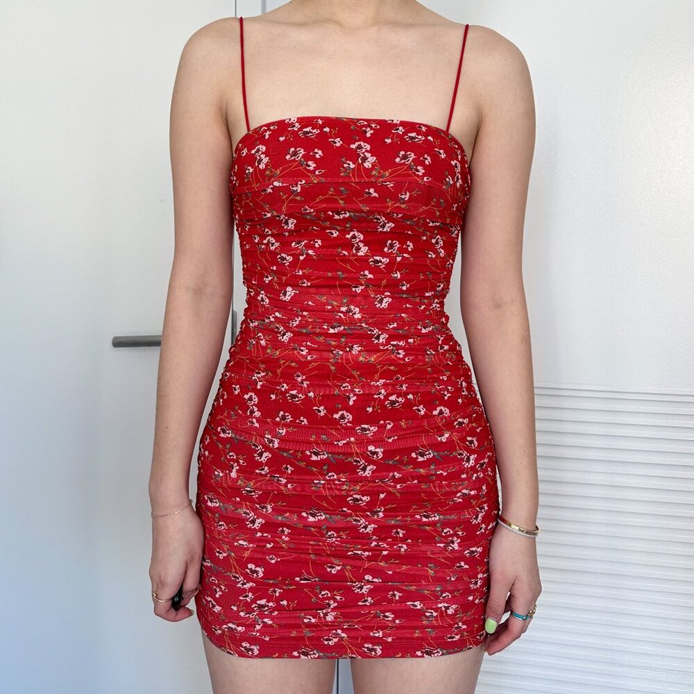 Floral Ruched Dress in red — size XS